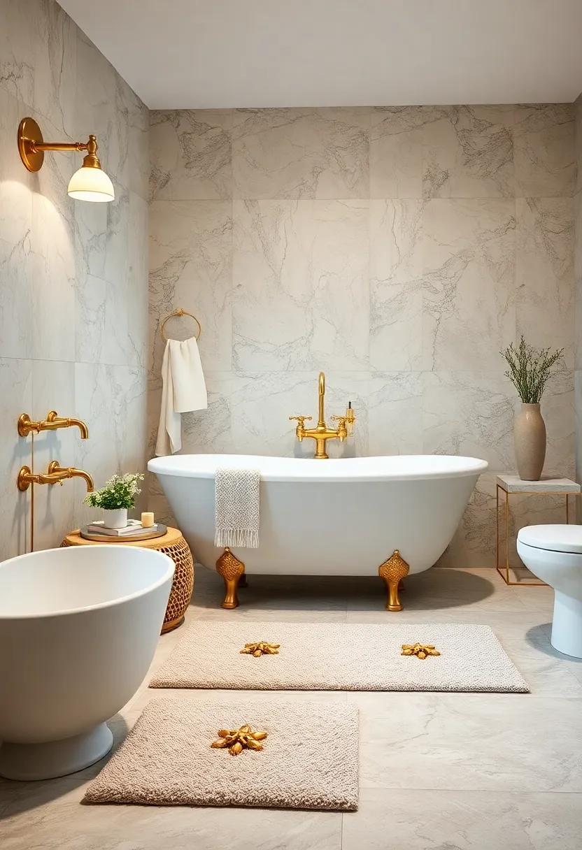 Luxurious Bath Mats: Style your floor with plush, neutral bath mats featuring brass-toned embellishments for a hint of glamour