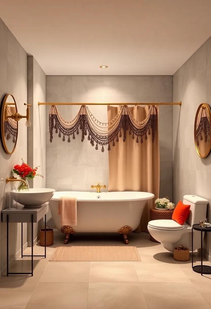 Chic Shower Curtains: Choose a fabric shower curtain with brass grommets or details to harmonize with your elegant theme