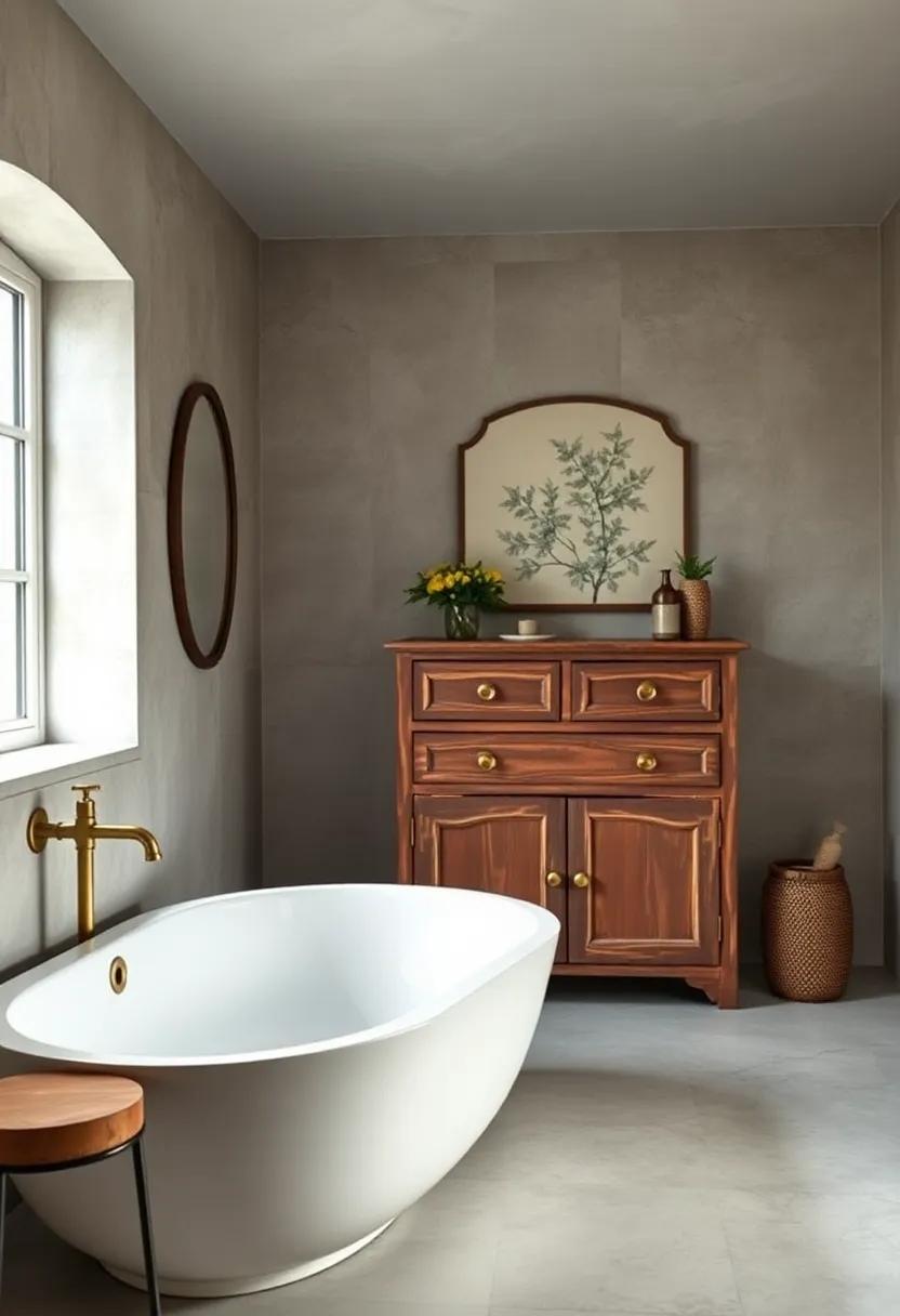 vintage Cabinetry: A distressed wood cabinet with brass handles brings a rustic character that complements the overall design