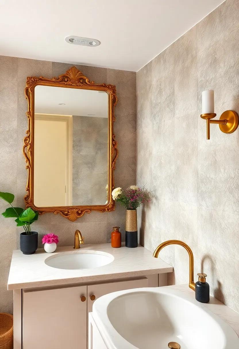 Elegant Mirrors: A large, ornate brass-framed mirror can elevate the aesthetic and create a stunning focal point above your vanity