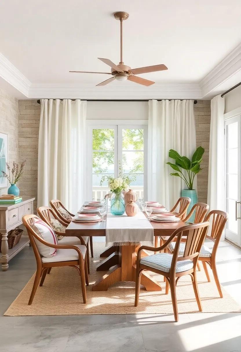 Beachy Textiles: Opt for light, breathable fabrics in your curtains and table runners that flutter gently, mimicking seaside breezes
