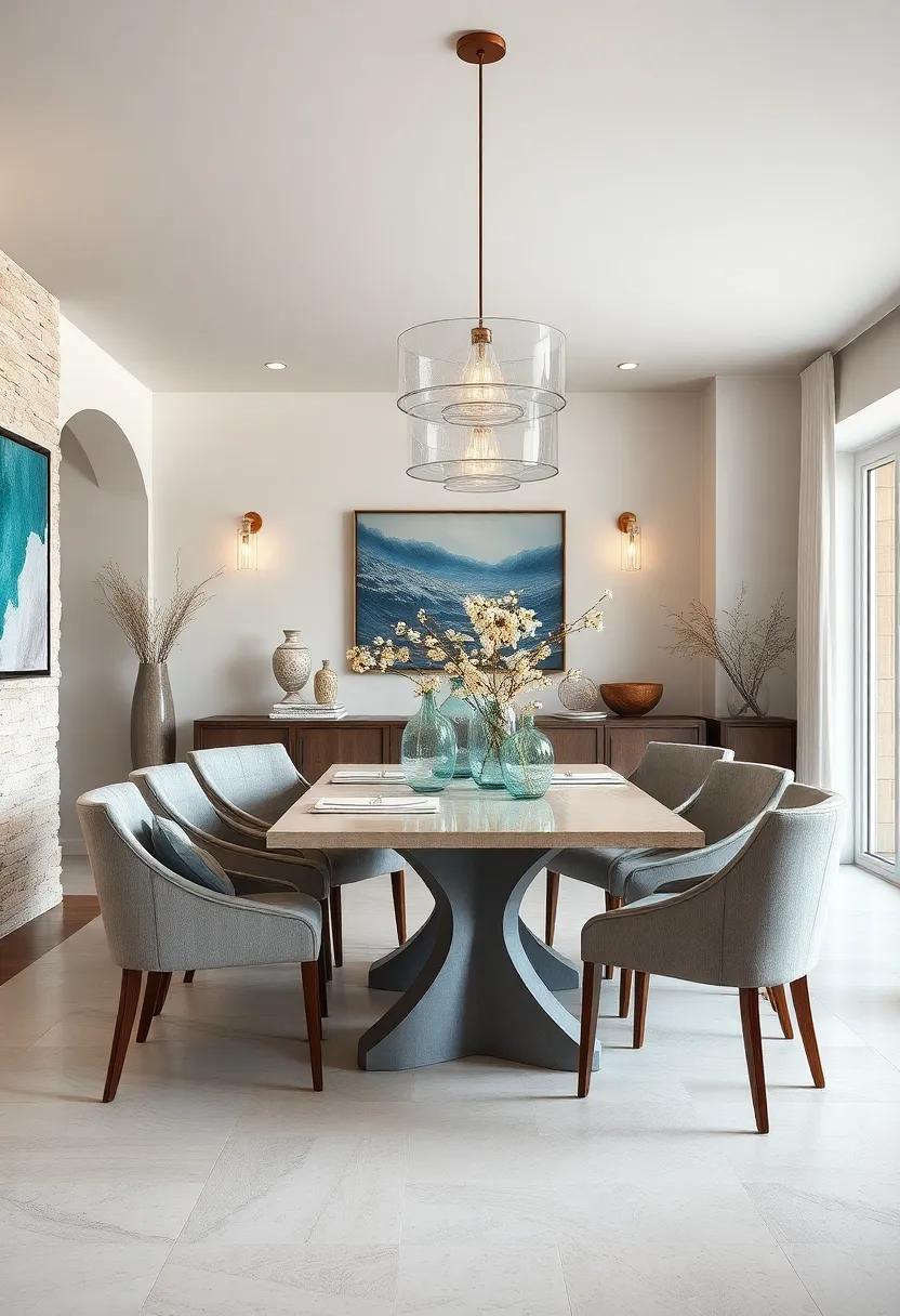 Glass Accents: Incorporate glass vases and lighting fixtures that reflect and refract light, evoking waves and water depths