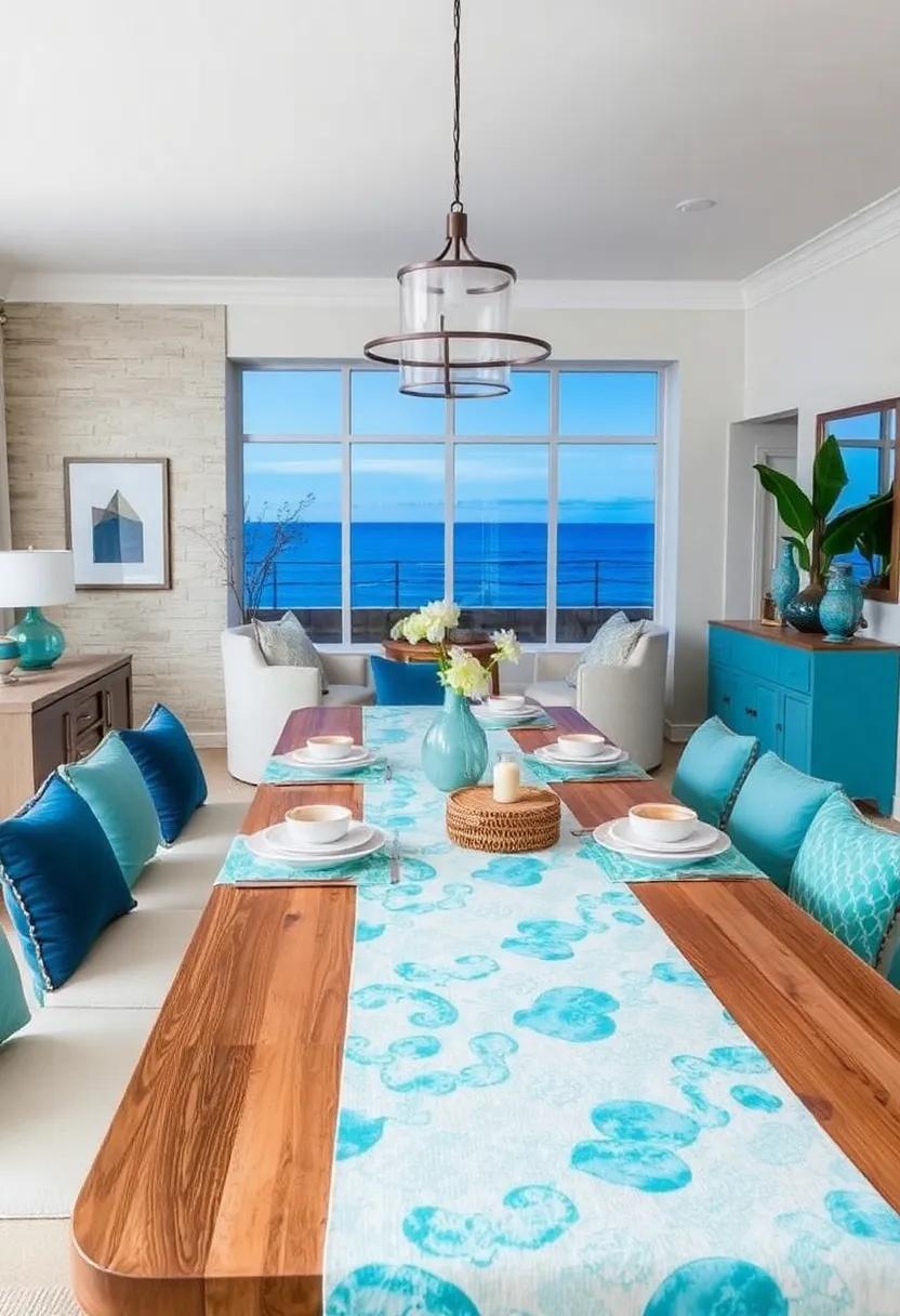 Ocean-Inspired Table Runers: Adorn your table with runners featuring aqua patterns or ocean motifs to enhance the coastal theme