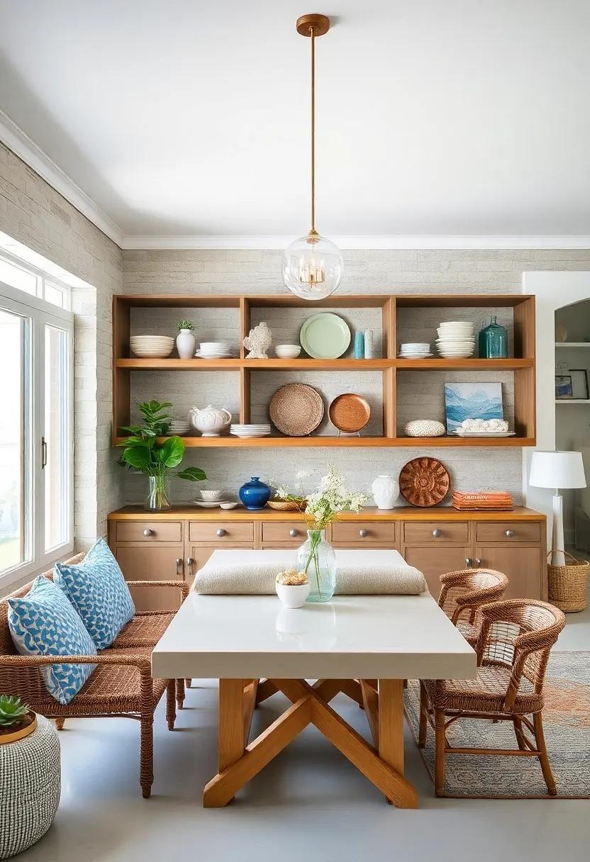 Open Shelving Display: Showcase coastal dishware or sea-inspired decor on open shelves for a casual, airy aesthetic