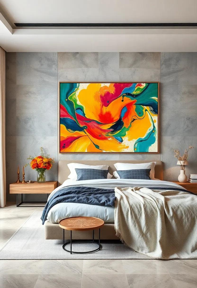 Abstract Art: Choose swirling shapes and vibrant colors in abstract paintings as a way to express creativity and passion in your bedroom