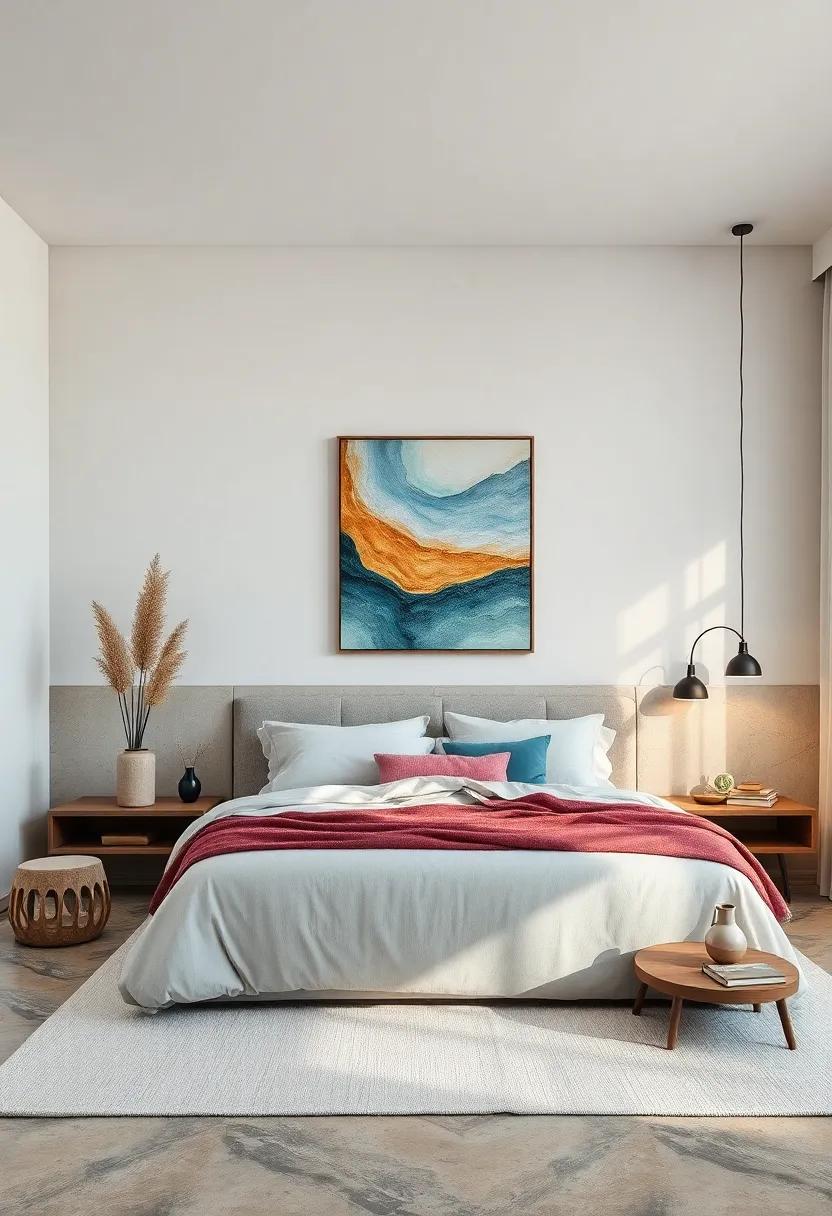Cool Color Palettes: Experiment with cool-toned artwork that induces relaxation and complements a restful bedroom atmosphere