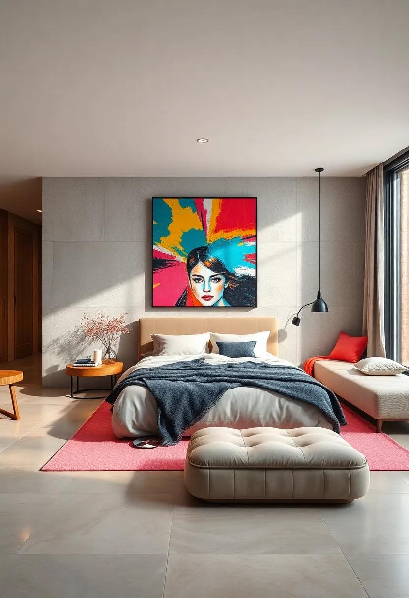 pop Art Influence: Decorate with vibrant pop art pieces that radiate energy and individuality, perfect for a lively bedroom