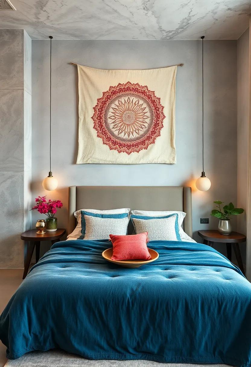 Textured Fabrics: Hang fabric pieces, like tapestries or quilts, to incorporate warmth and dimension into the bedroom