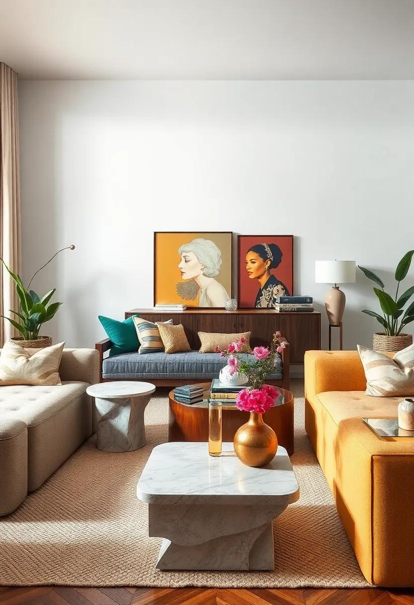 Artistic Side Tables: Choose mismatched side tables—perhaps a chic marble one alongside a concrete block—to add character and surprise