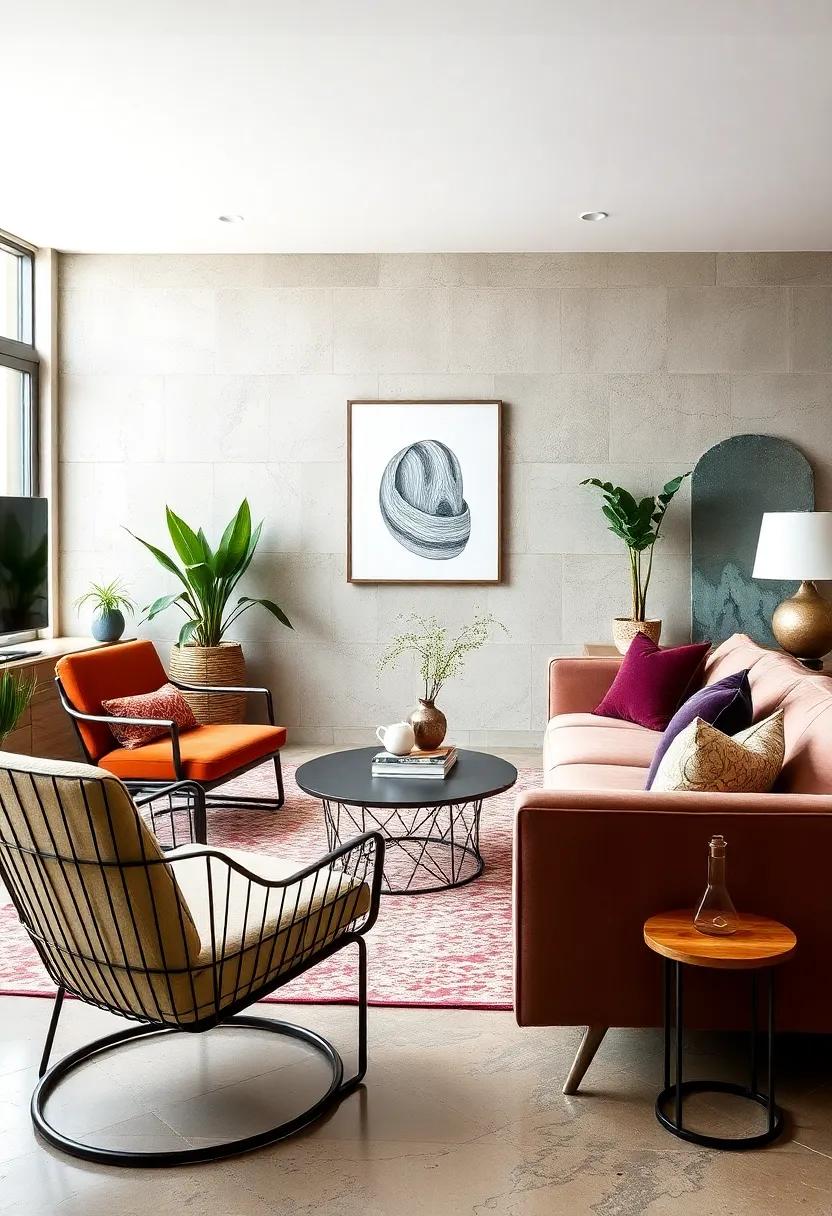 Industrial Meets Cozy: Pair sleek metal chairs with a plush velvet couch to balance hard and soft elements for a warm yet edgy atmosphere