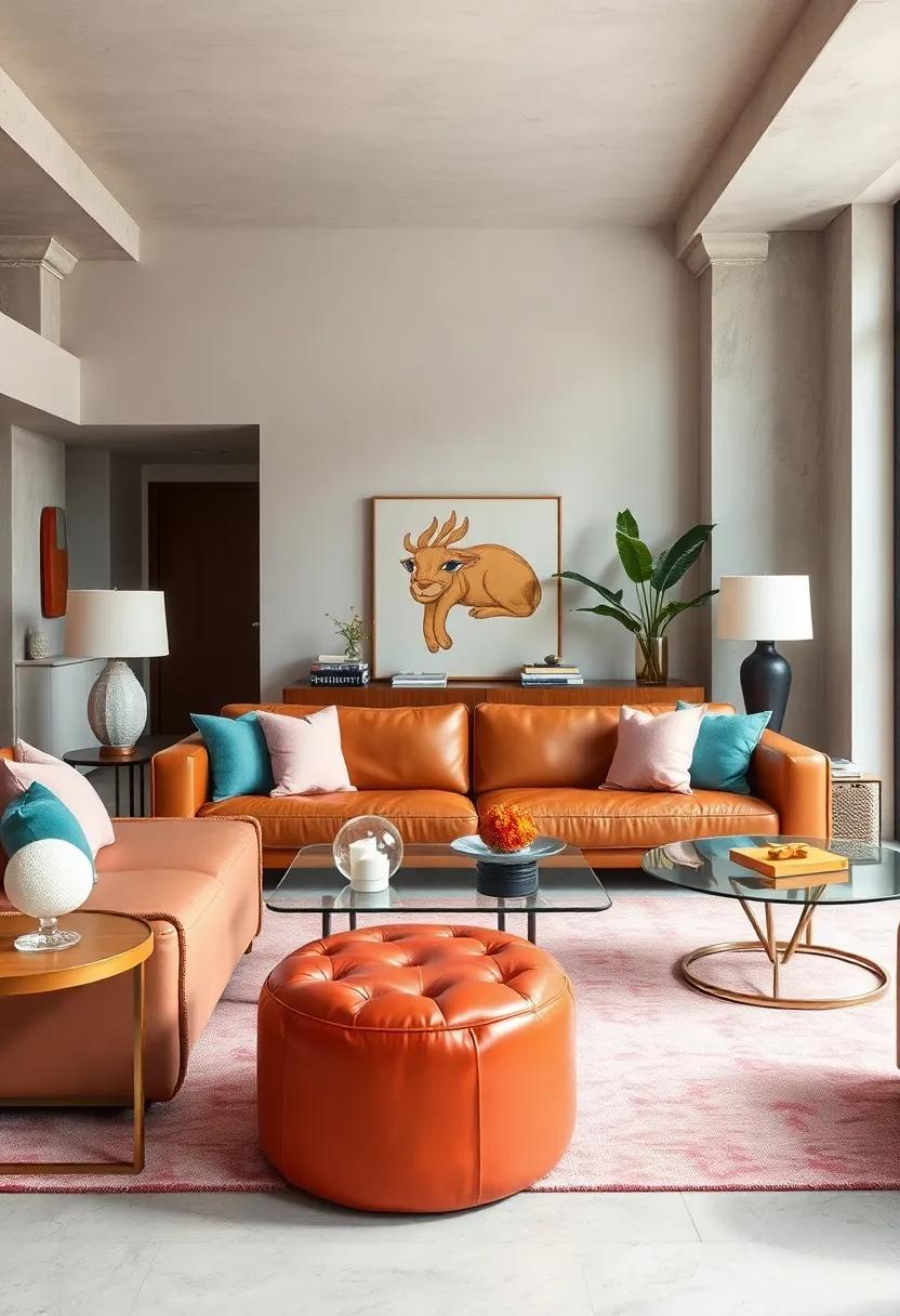 Soft But Strong: Use a large, masculine leather sofa alongside feminine decorative accents, like pastel pillows or a glass coffee table, for a striking balance