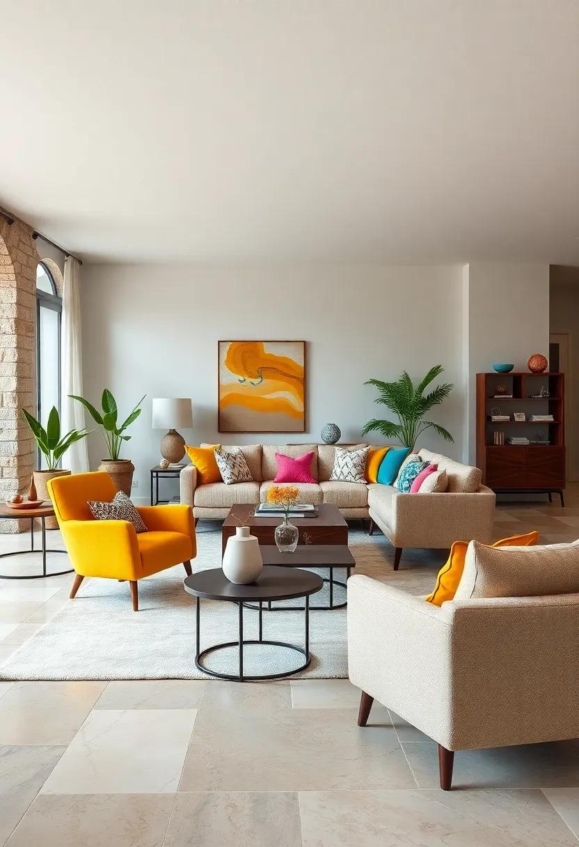 Bold Colors and Neutral Bases: Use vibrant, mismatched armchairs with a neutral sectional to let the colors pop while grounding the space