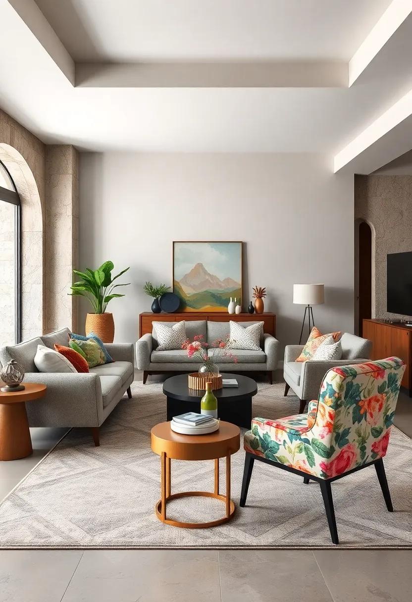 Playful Patterns: Integrate a geometric rug with floral upholstery on chairs to create visual interest and unexpected harmony