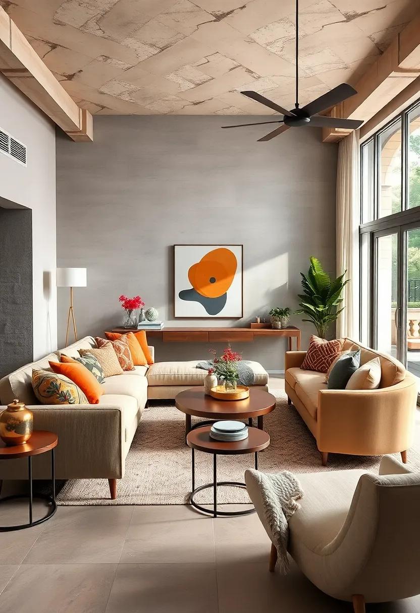 Play with Scale: Introduce oversized furniture elements, like a large sectional, alongside delicate accent pieces like a slender side table to add depth