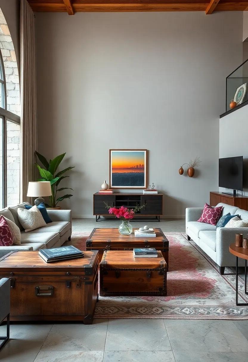 Multi-functional Pieces: Opt for vintage trunks as coffee tables and a sleek, modern console for storage to maximize functionality while adding style