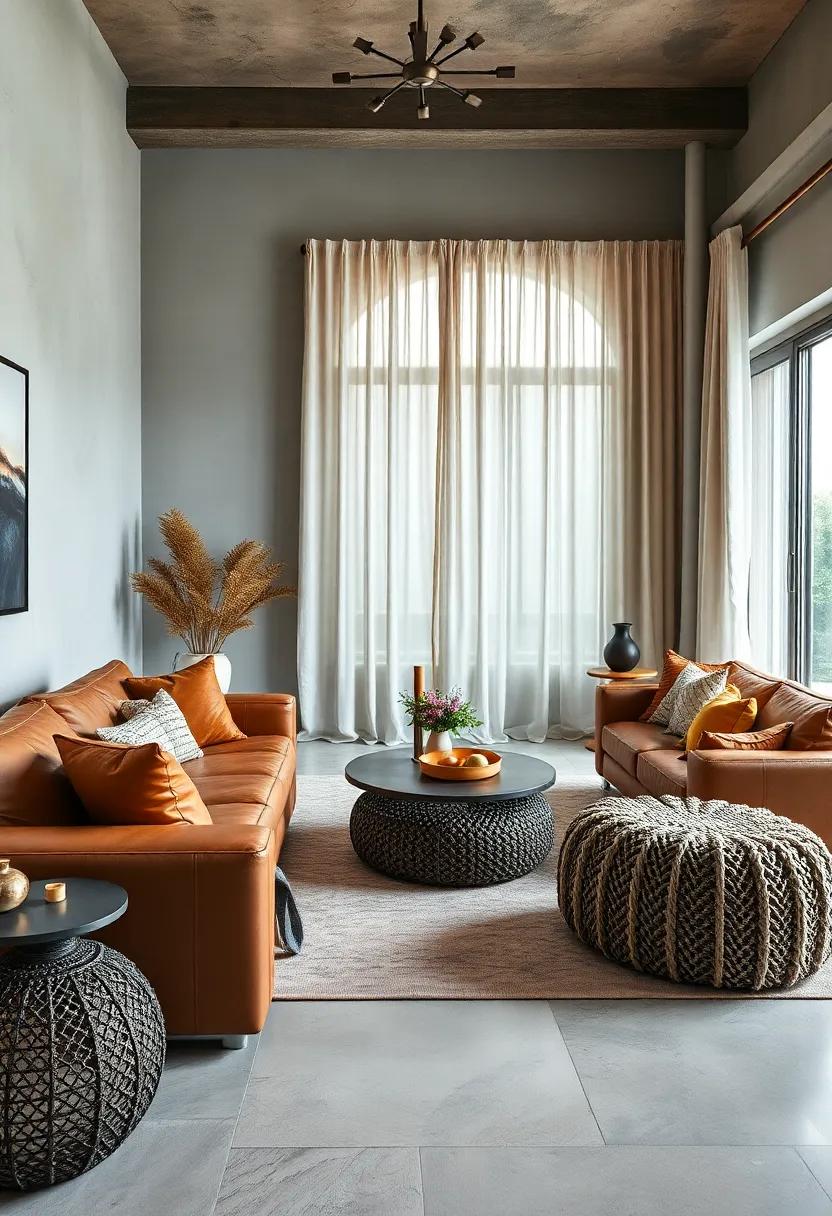 Textured Layering: Combine leather seating with soft linen curtains and a knitted pouf to introduce various textures that enhance the room's richness