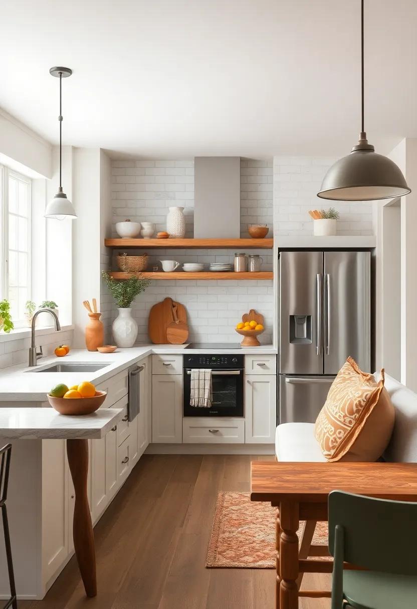 Add a Touch of Color: Use pops of muted colors through decorative accents, such as a vase or spice jars, to maintain a relaxed, farmhouse feel