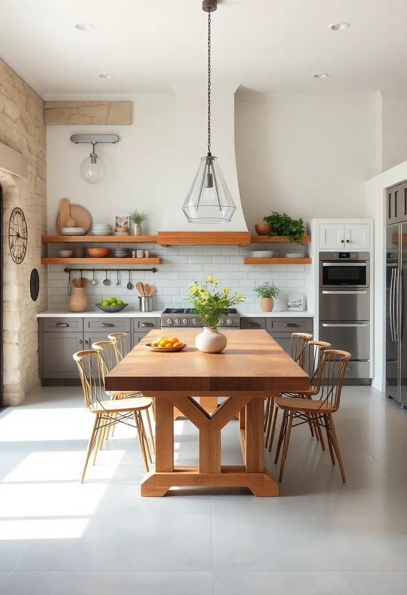 Choose a Farmhouse Table: Place a large wooden dining table at the center of your kitchen, perfect for family gatherings and meal prep