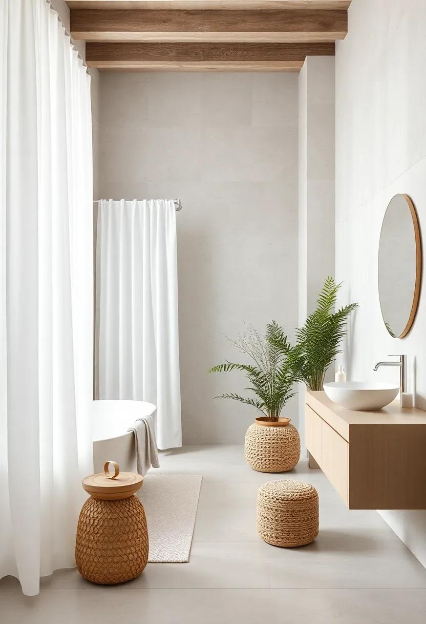 Simple Shower Curtains: if a shower curtain is needed, choose a sheer or solid white option to maintain a light and airy feeling