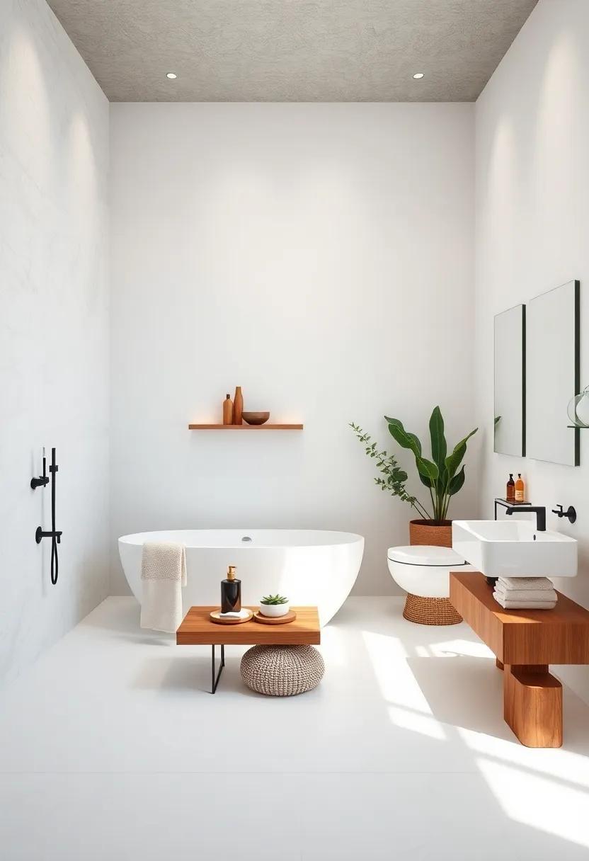 Simple Wood Accents: Incorporate natural wood elements like shelves or bathroom trays to introduce warmth and a touch of nature