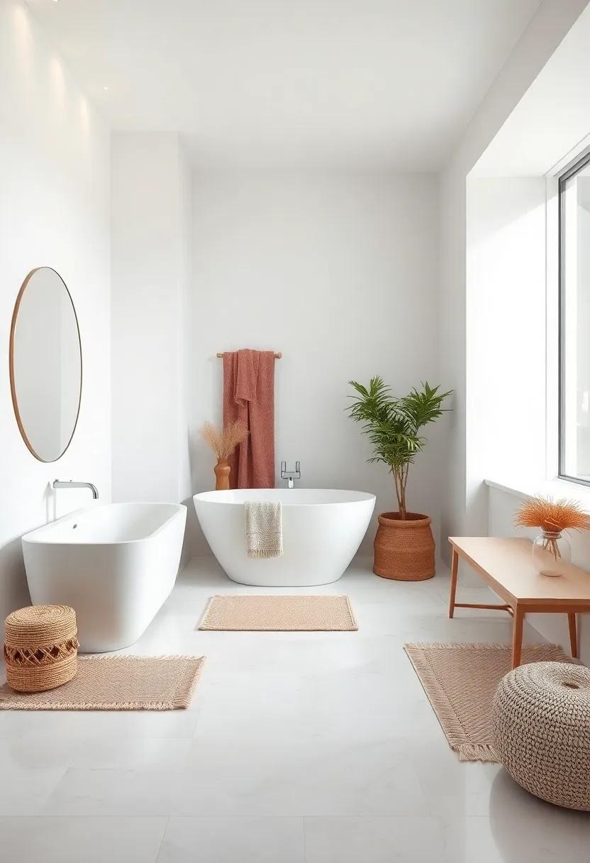 Subtle Patterns: Integrate soft, subtle patterns through bath mats or textiles to add depth while staying true to the minimalist aesthetic