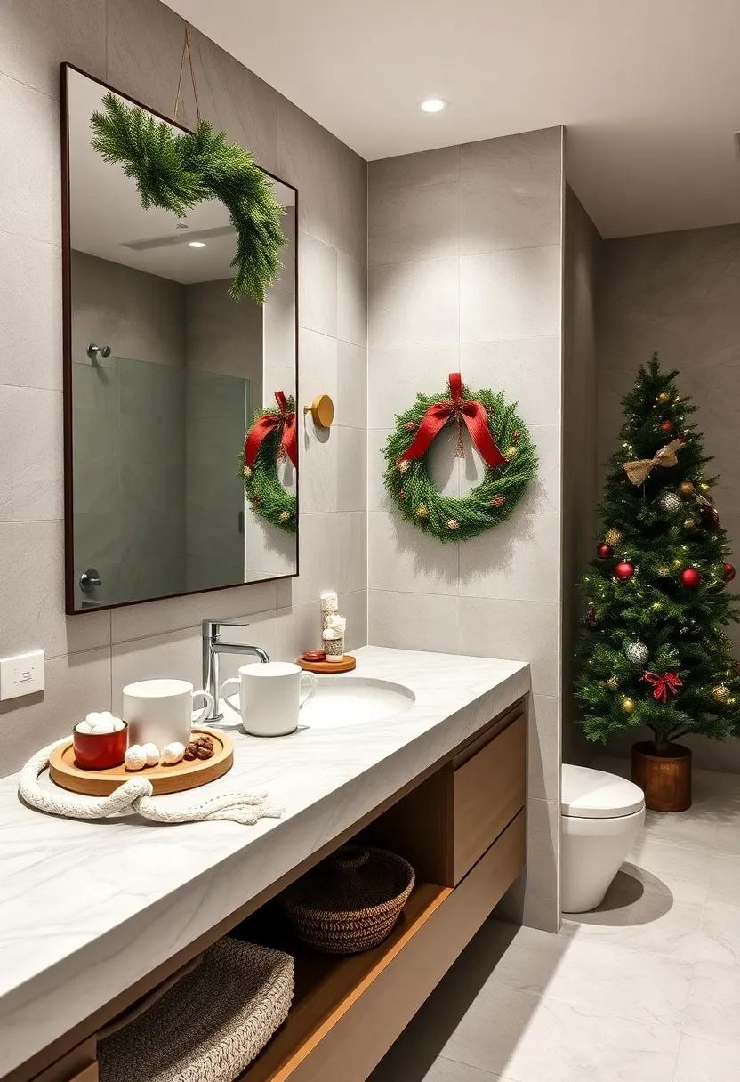 Set up a hot cocoa station complete with mini ⁣marshmallows and festive mugs on‍ a bathroom counter