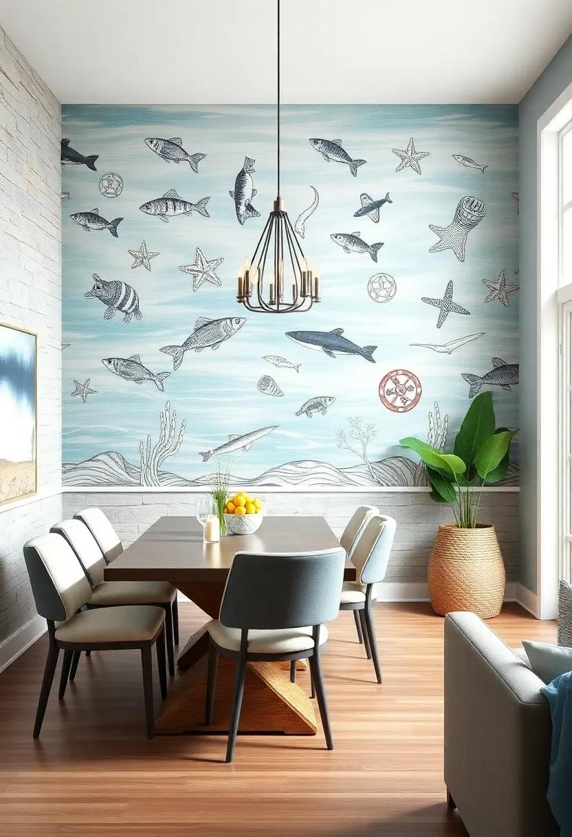Coastal Inspired Statement Walls: Dedicate one wall to a beach ⁣mural or chalkboard showcasing sea life sketches for a ​playful touch in your dining space