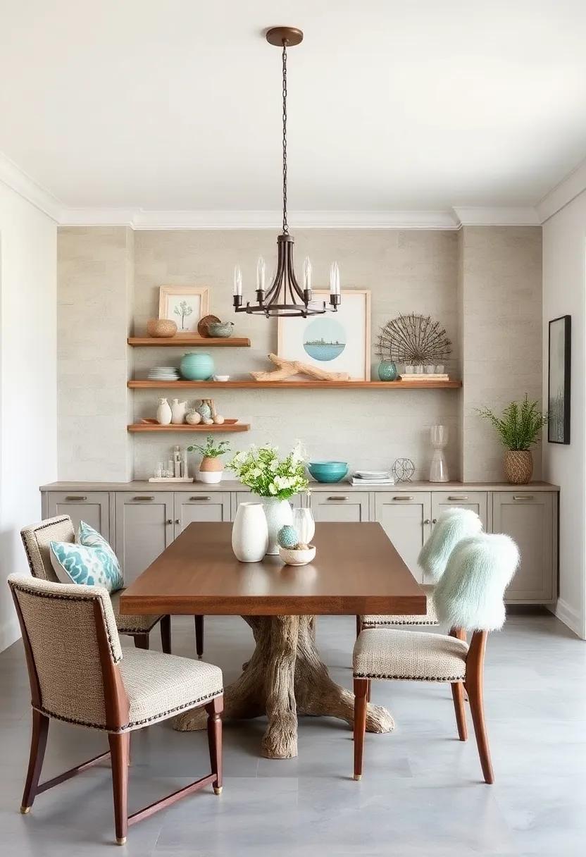 Driftwood Details: incorporate driftwood elements in table decor or shelving to bring a ​touch of the beach ​indoors,adding a rustic charm to your dining space
