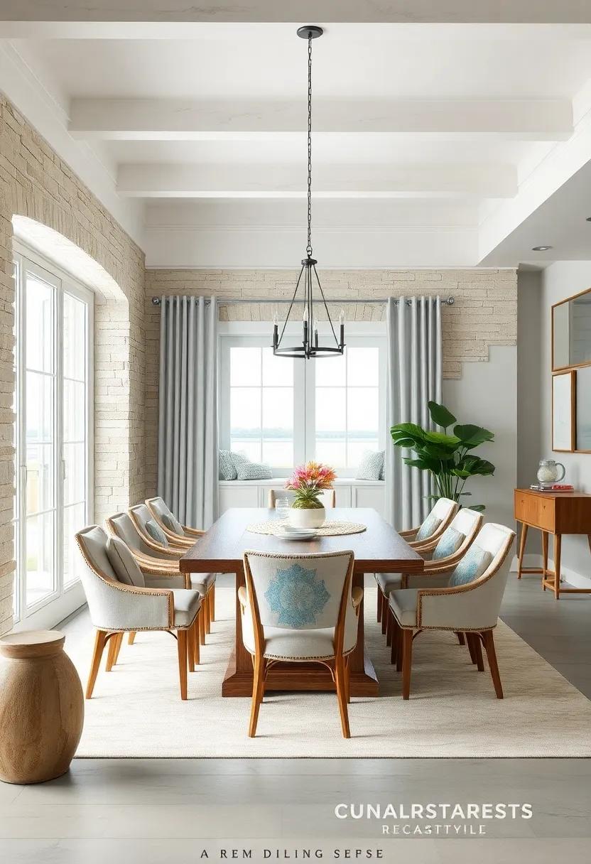 Farmhouse Meets Coastal: Blend rustic farmhouse‌ styles with coastal elements, using large​ dining tables and comfortable chairs paired with soft, marine tones