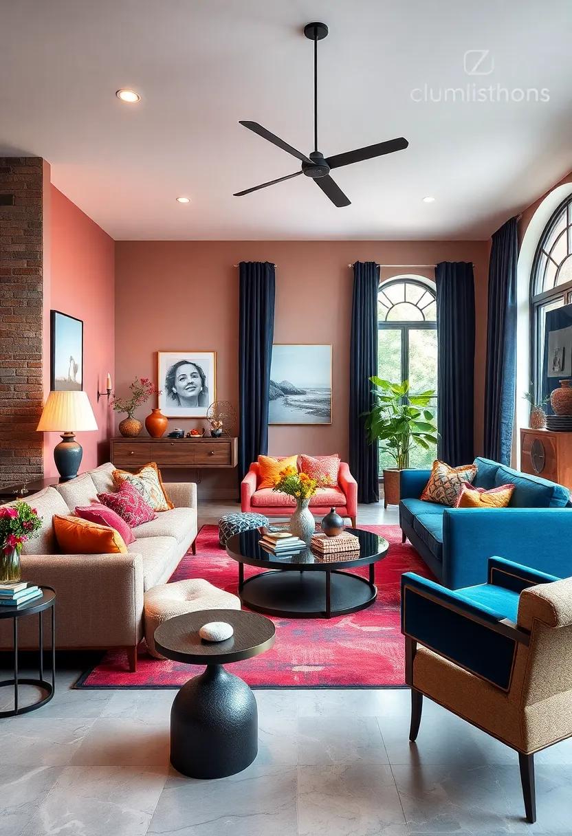 Embrace bold colors: Choose vibrant hues for upholstery and accents to create a lively atmosphere