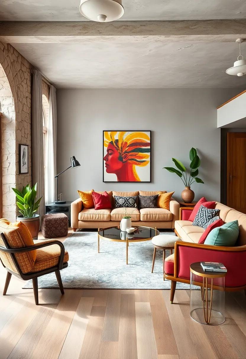 Choose a statement piece: Select one bold item, like a vibrant sofa or oversized artwork, to serve as a focal point