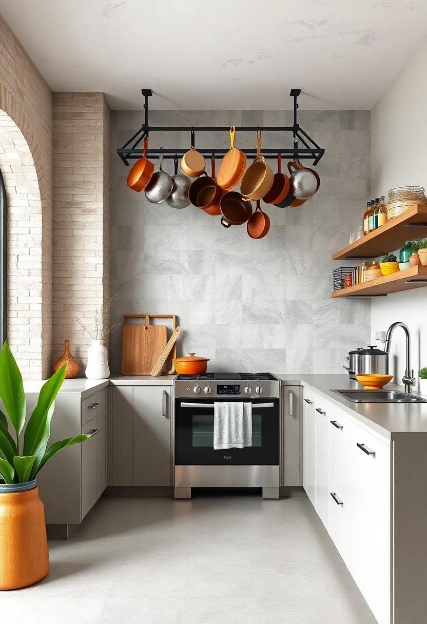 Hang pots and Pans: Install a stylish pot rack at ceiling height to free up cabinet space while adding a decorative touch