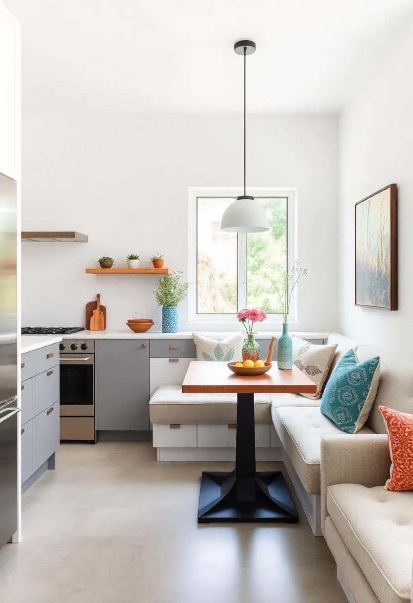 Incorporate a Built-In Banquette: Create a cozy dining nook with a built-in banquette that saves space and enhances the kitchen's comfort