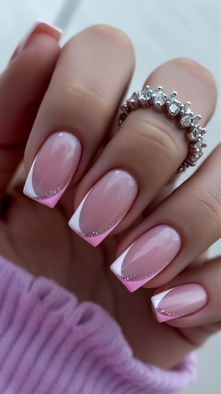 Sparkling Side-Swept Pink French Tips