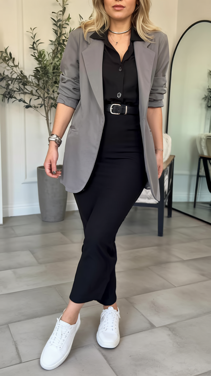 Grey Blazer with Black Midi Dress