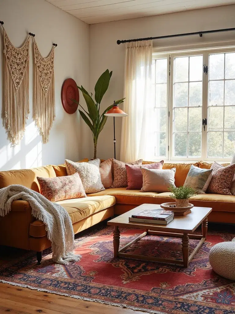 stylish layered rugs in boho living room
