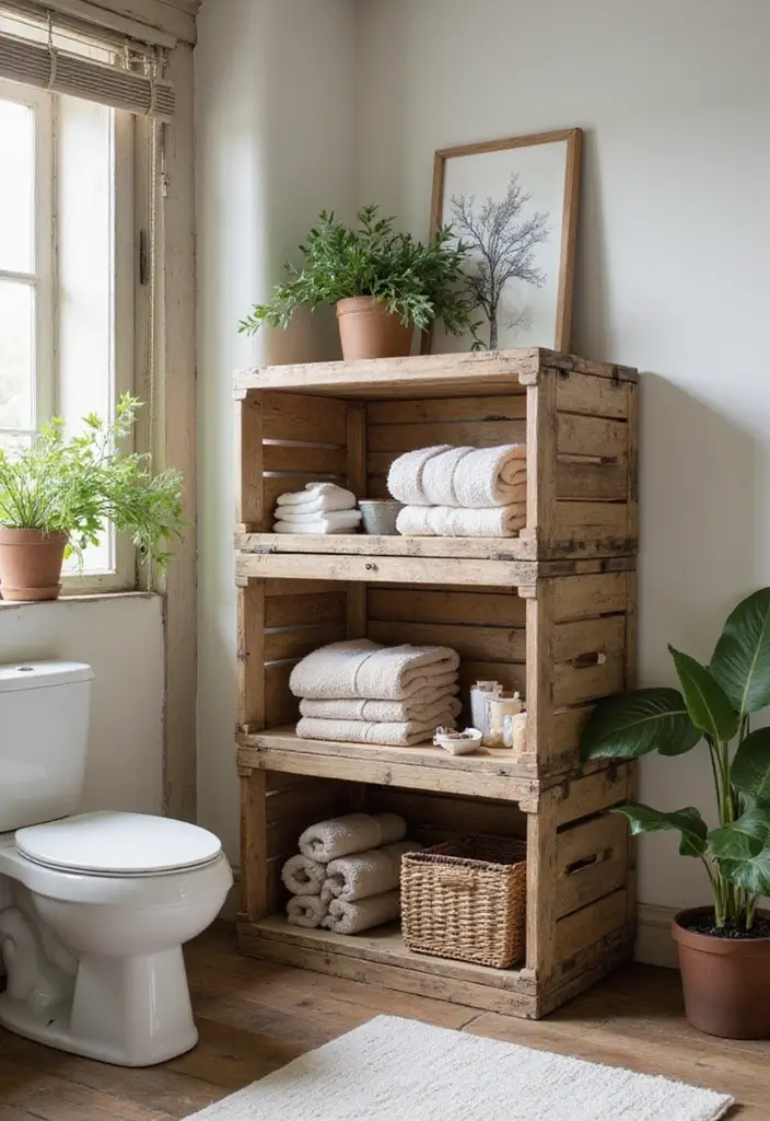 vintage wooden crate bathroom storage decor