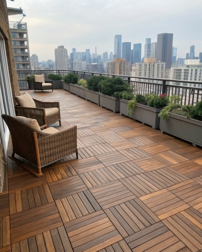 Wood deck tiles on urban balcony
