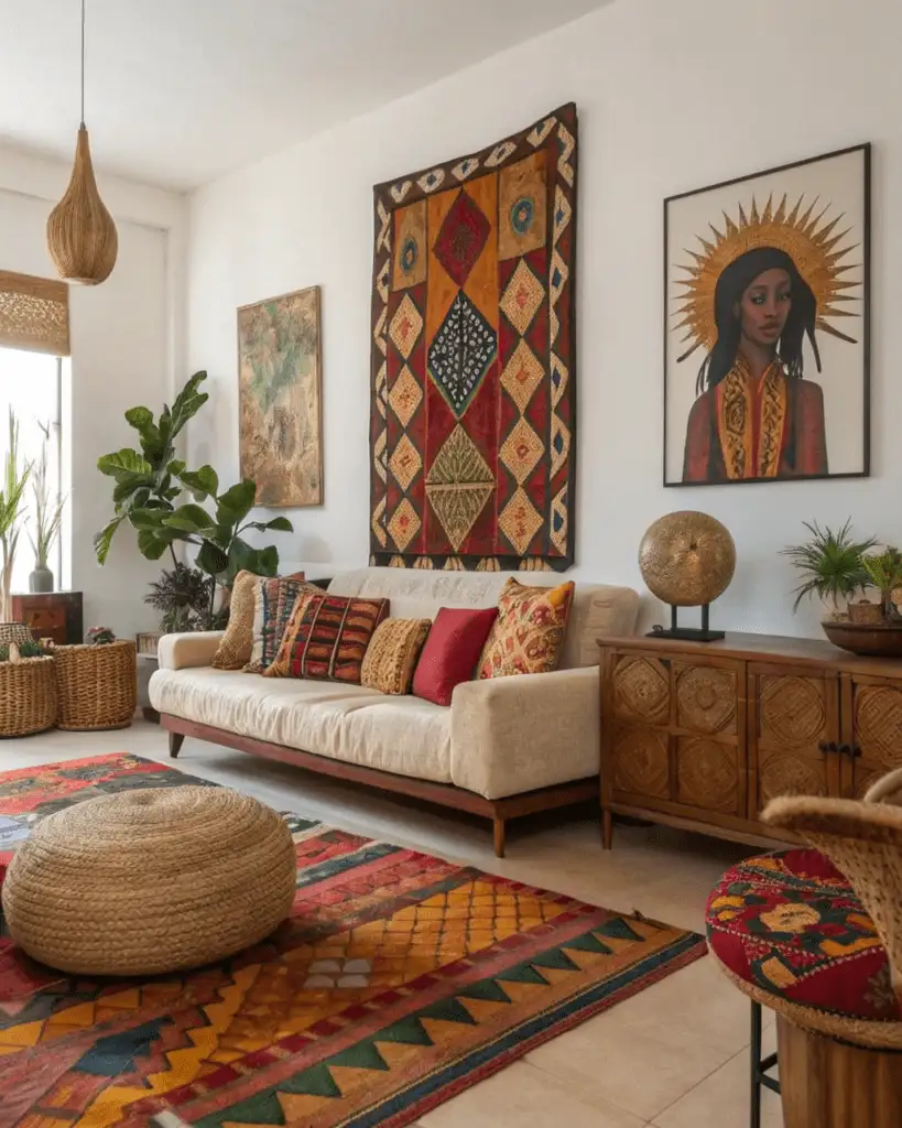 Oversized art piece anchoring the Afrobohemian room