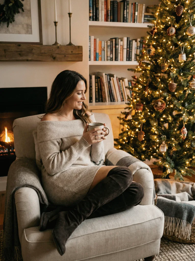 Cozy holiday outfit with knee-high boots