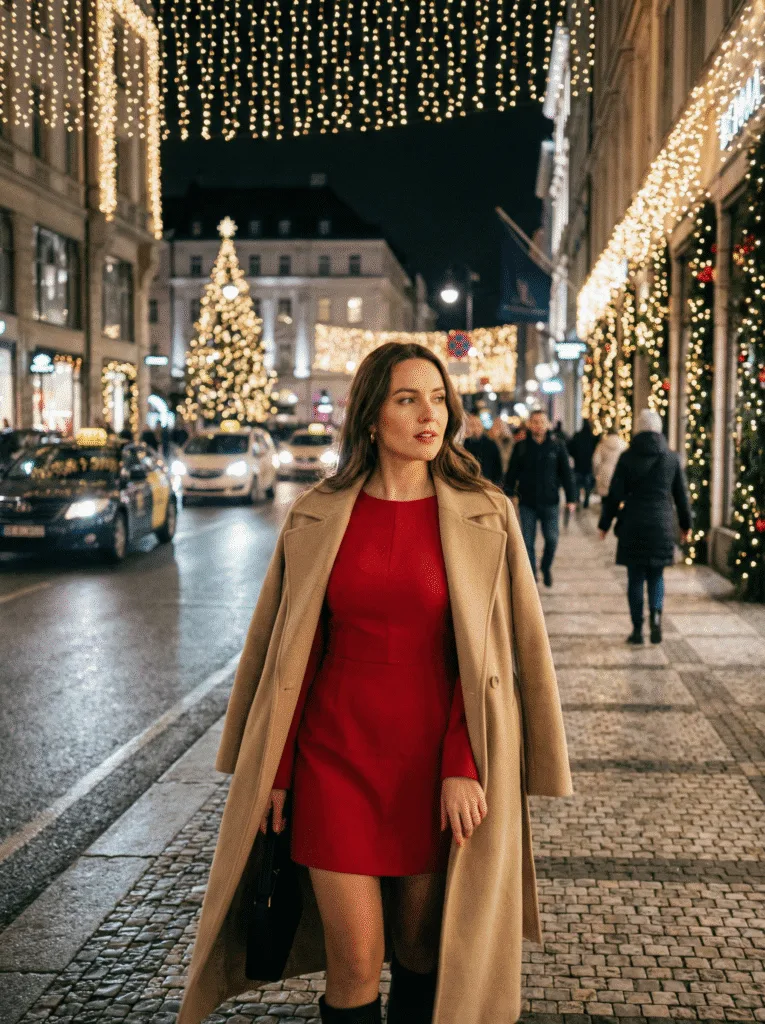 Neutral coat with belt for holiday styling