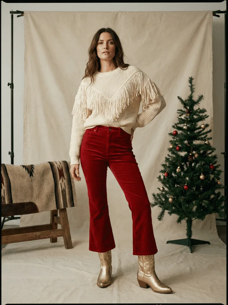 Fringe Knit Sweater with Red Flares and Gold Boots