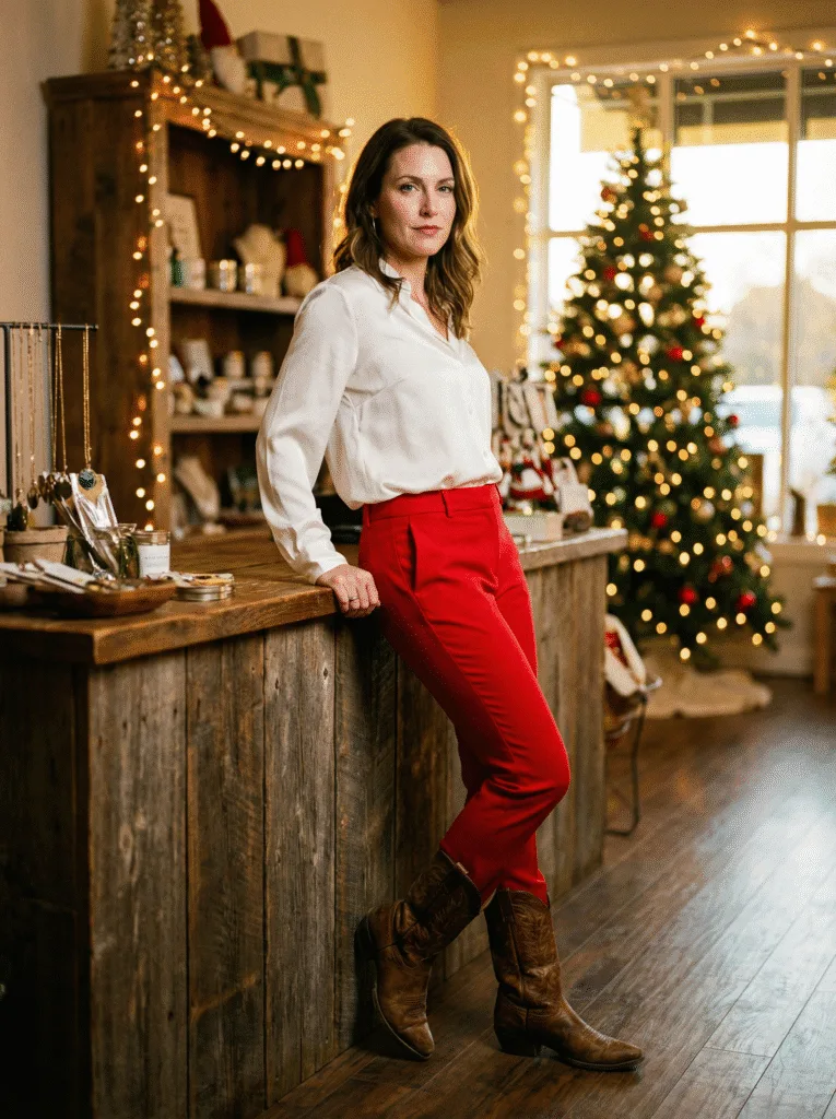 White Blouse with Red Trousers and Cowboy Boots