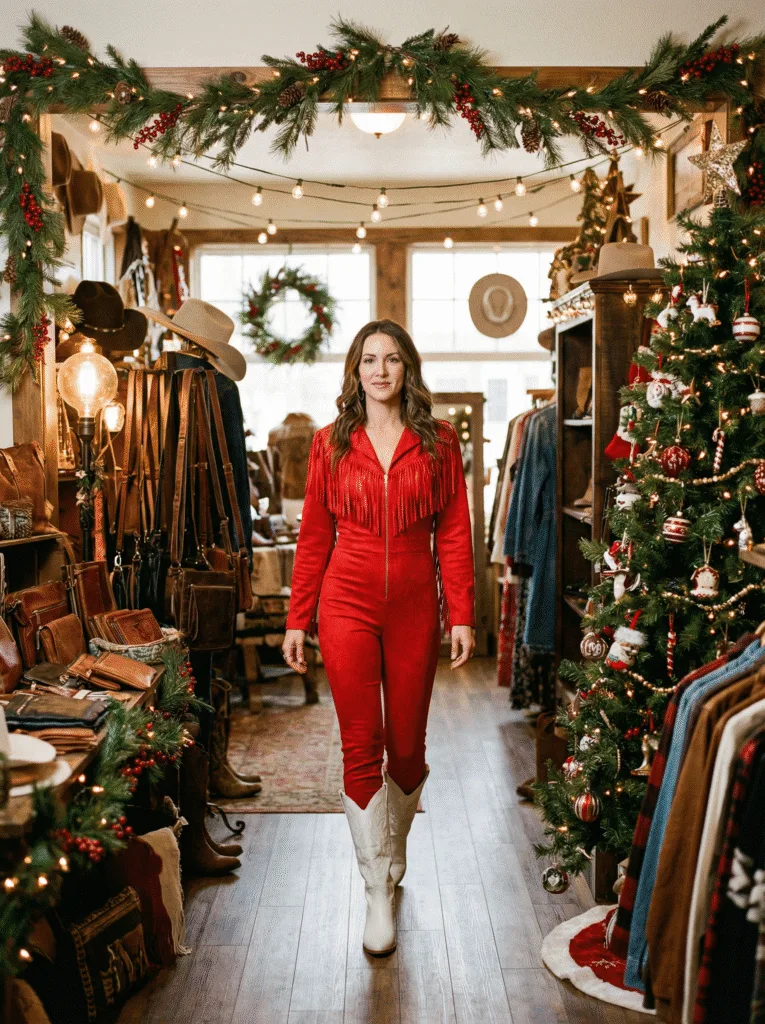 Red Fringe Jumpsuit with White Boots