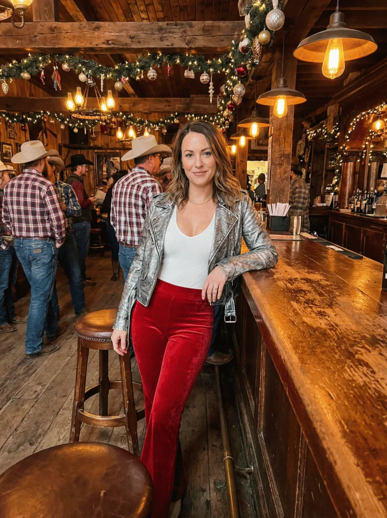 White Bodysuit with Red Flares and Shimmering Jacket