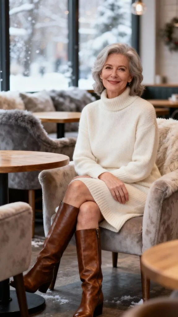 Cream Sweater Dress with Boots