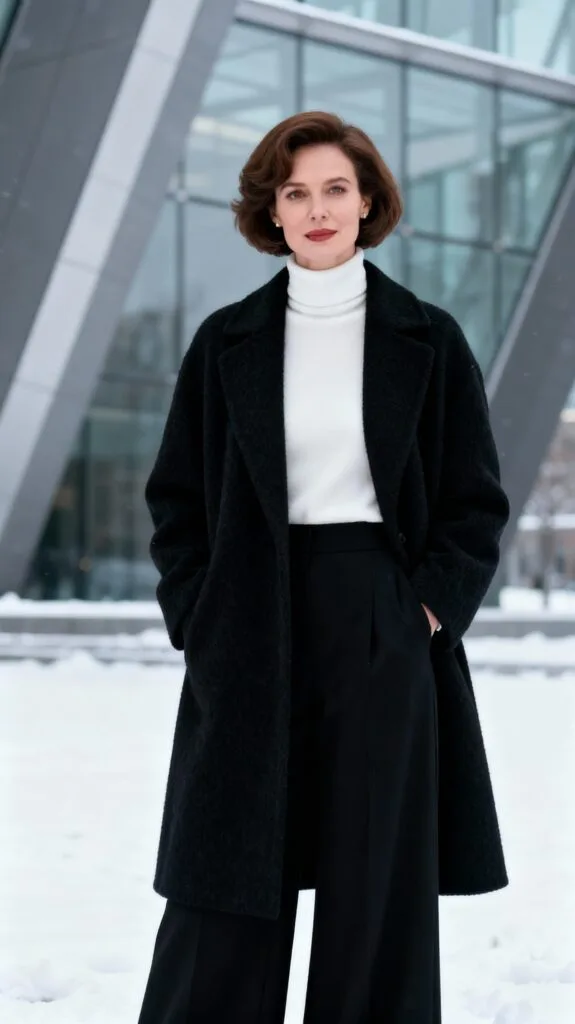 Black Cashmere Coat with White Turtleneck