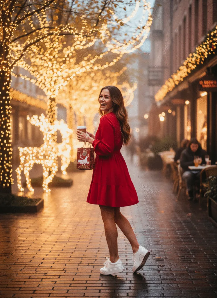 Red dress and white sneakers