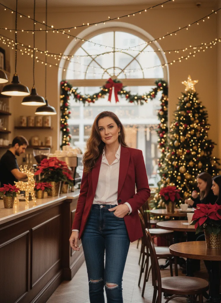 Red blazer and jeans