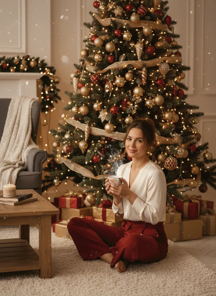 Cream blouse and red trousers